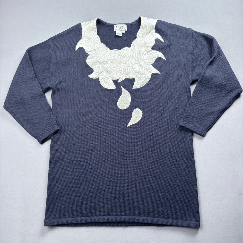 Apart Impressions Navy Sweater with Embroidered Satin Applique -‎ Size L